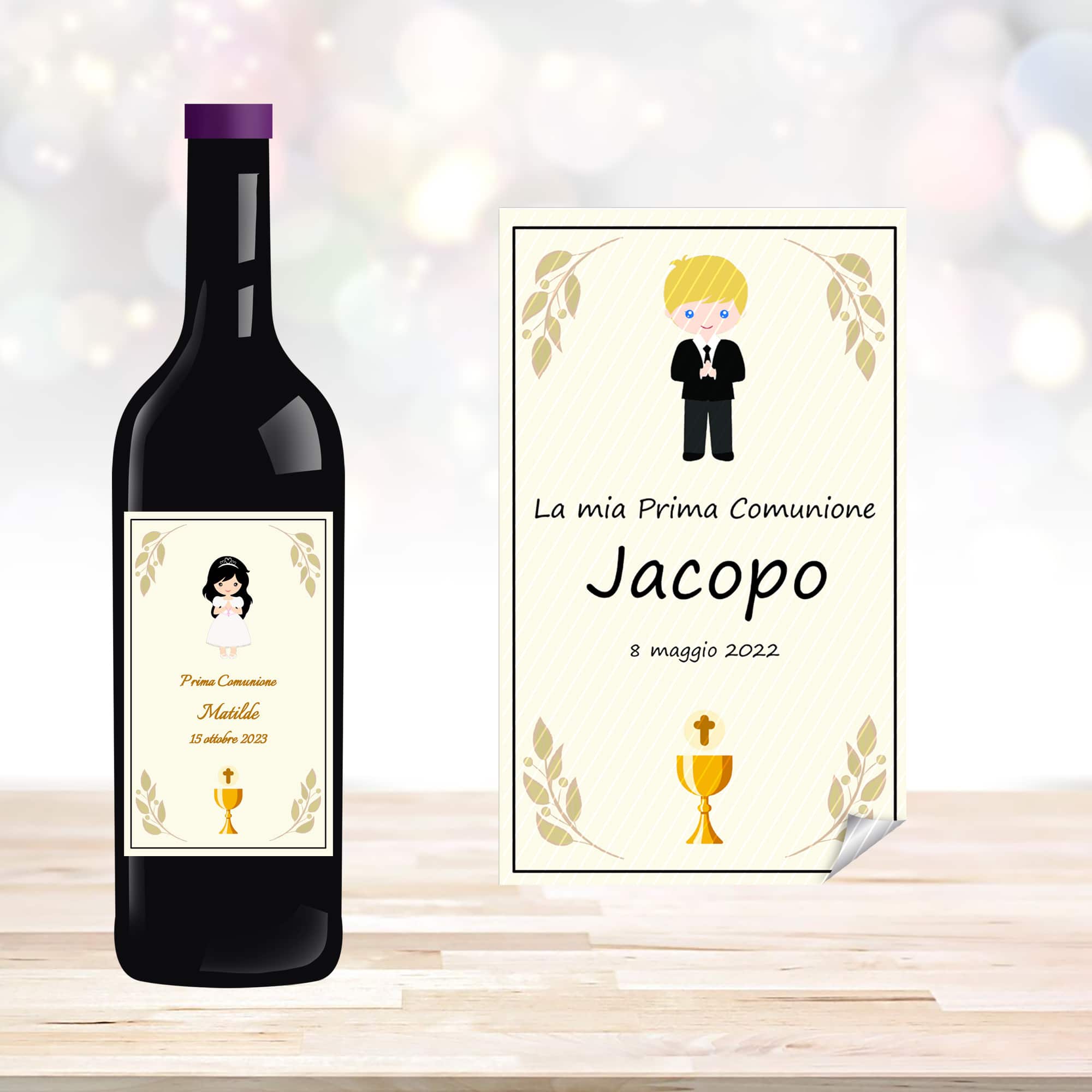 Adesivi Prima Comunione Cresima per bomboniere, bottiglia vino, olio, barattoli miele, etichette (BOT-COM-BIMBI)