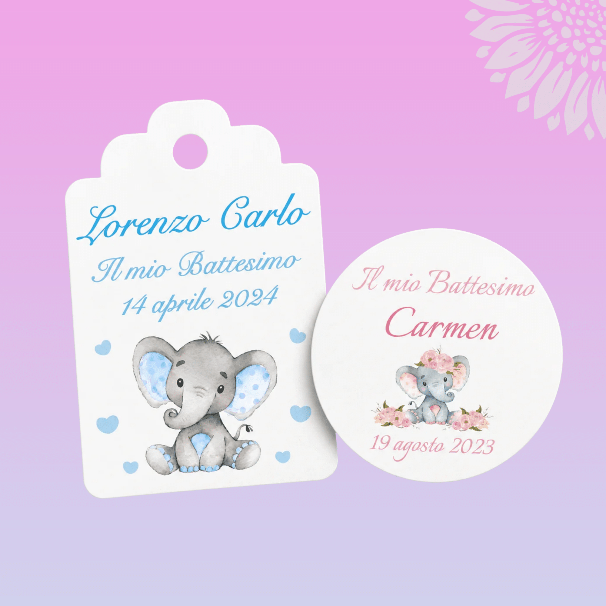 Cartellini e Adesivi Battesimo Personalizzati con Elefantino | Bomboniere e Confetti (ELE-01)