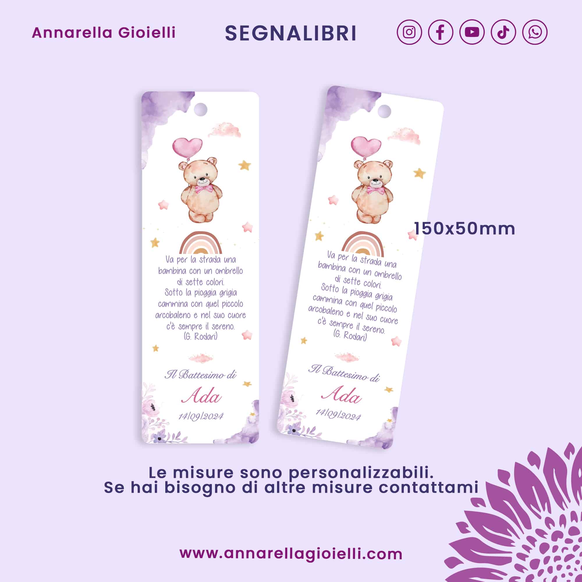 Segnalibro Segnaposto Battesimo Personalizzato con Orsetto e Arcobaleno (BKM-OR-11) - immagine 3