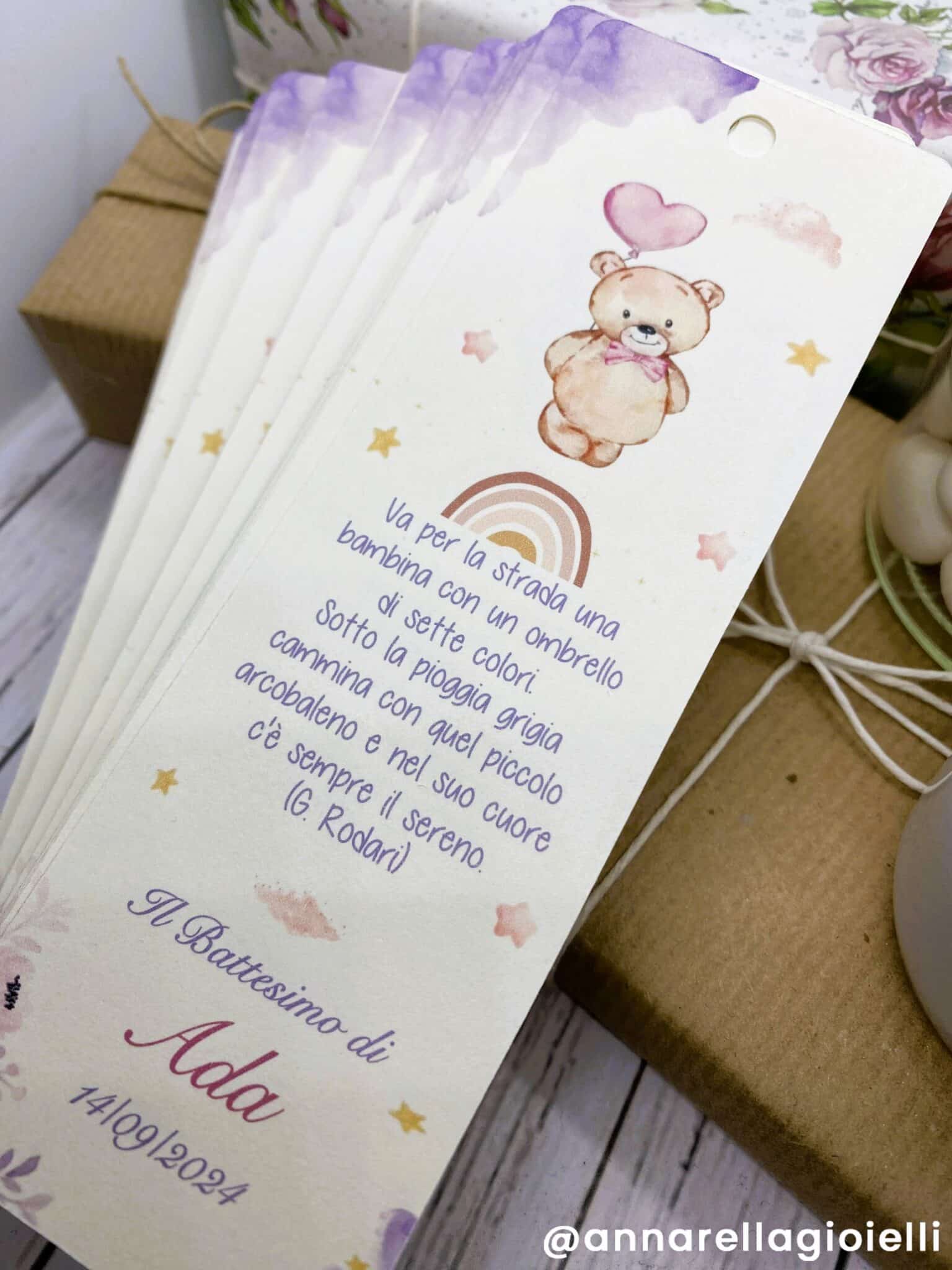 Segnalibro Segnaposto Battesimo Personalizzato con Orsetto e Arcobaleno (BKM-OR-11) - immagine 4