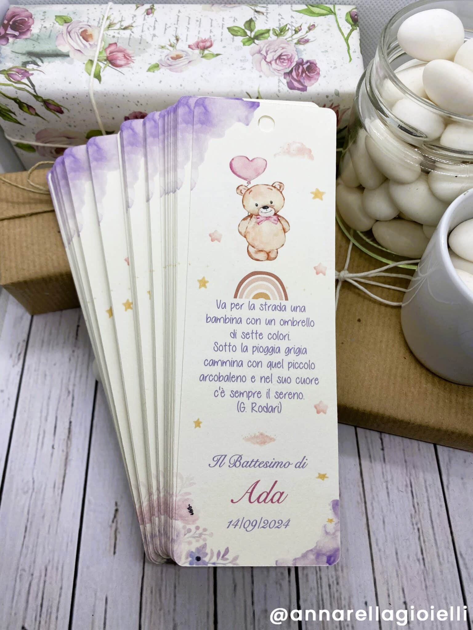 Segnalibro Segnaposto Battesimo Personalizzato con Orsetto e Arcobaleno (BKM-OR-11) - immagine 7
