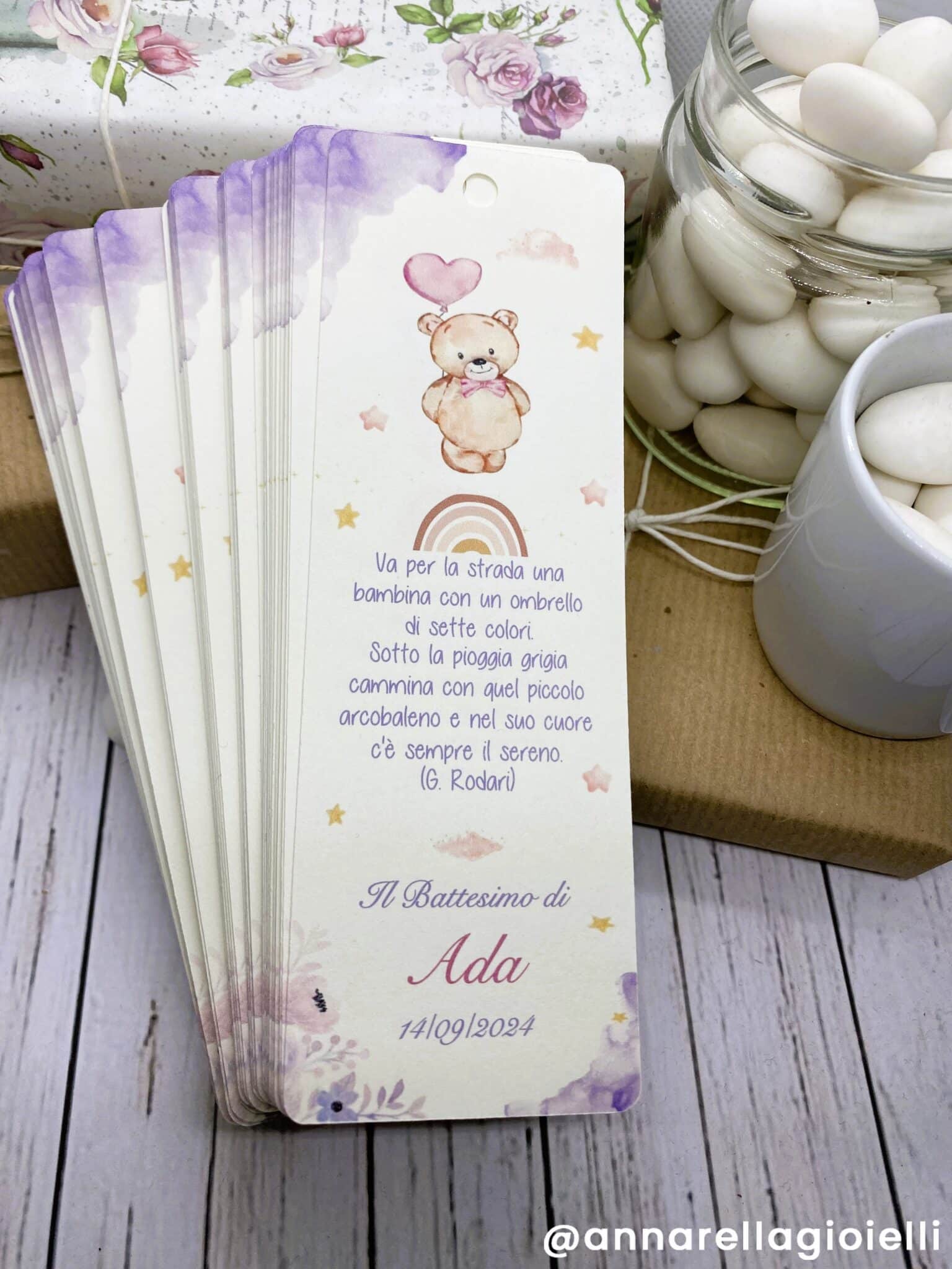 Segnalibro Segnaposto Battesimo Personalizzato con Orsetto e Arcobaleno (BKM-OR-11) - immagine 8