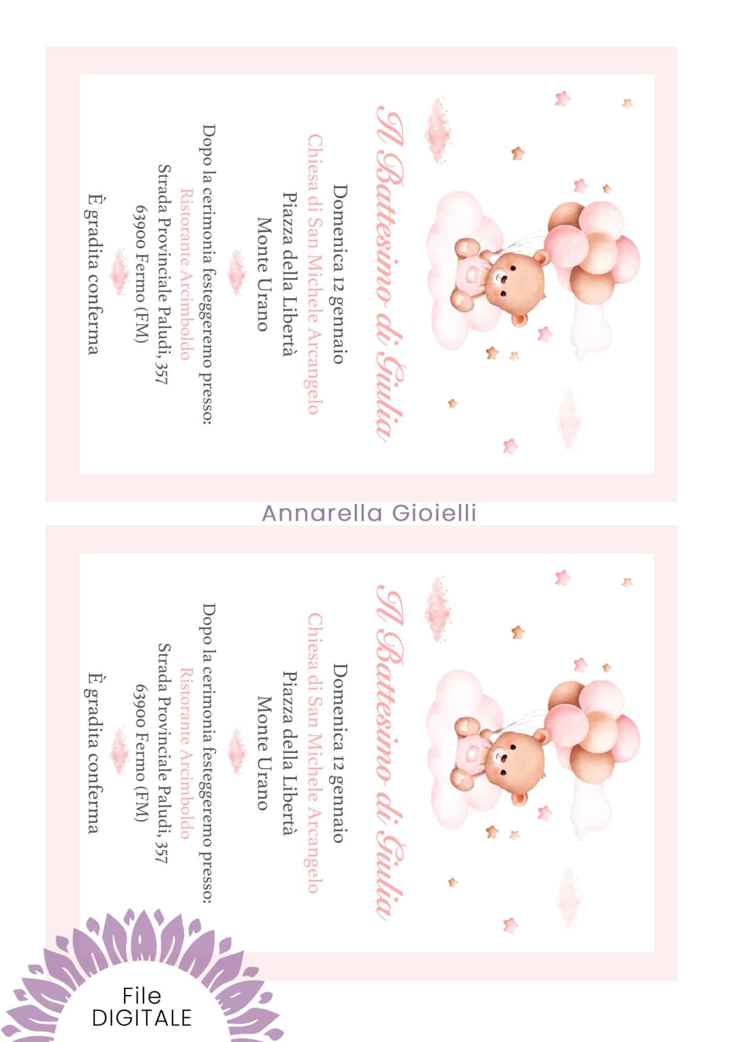 Invito Battesimo Orsetto con Palloncini 13×18 cm Personalizzato (INV-OR-05) - immagine 9