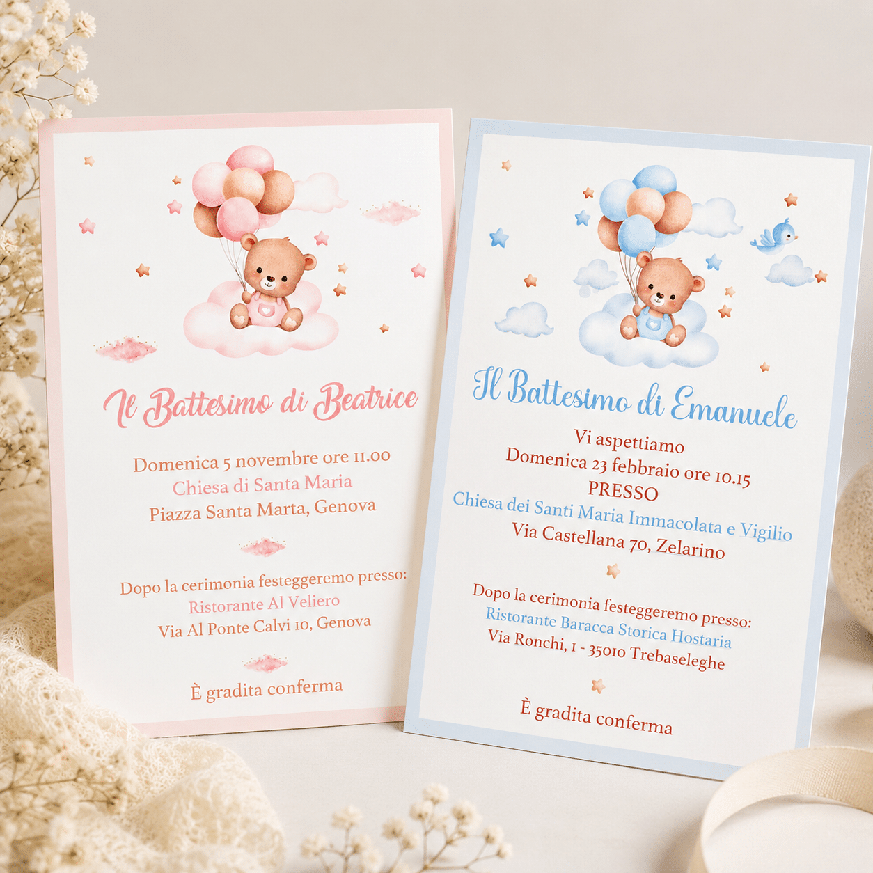 Invito Battesimo Orsetto con Palloncini 13×18 cm Personalizzato (INV-OR-05)