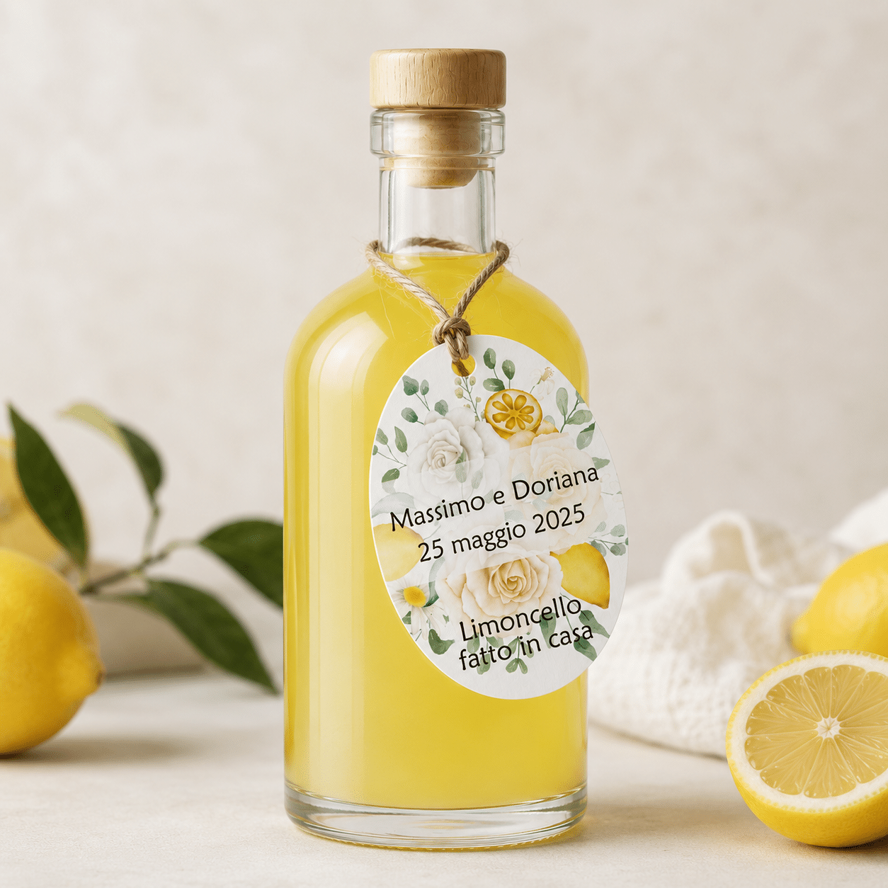 Cartellino, Adesivo o File Digitale Personalizzato per Bottiglia di Limoncello | Tag Bomboniera Matrimonio, Comunione | Tema limoni(FLR-27)