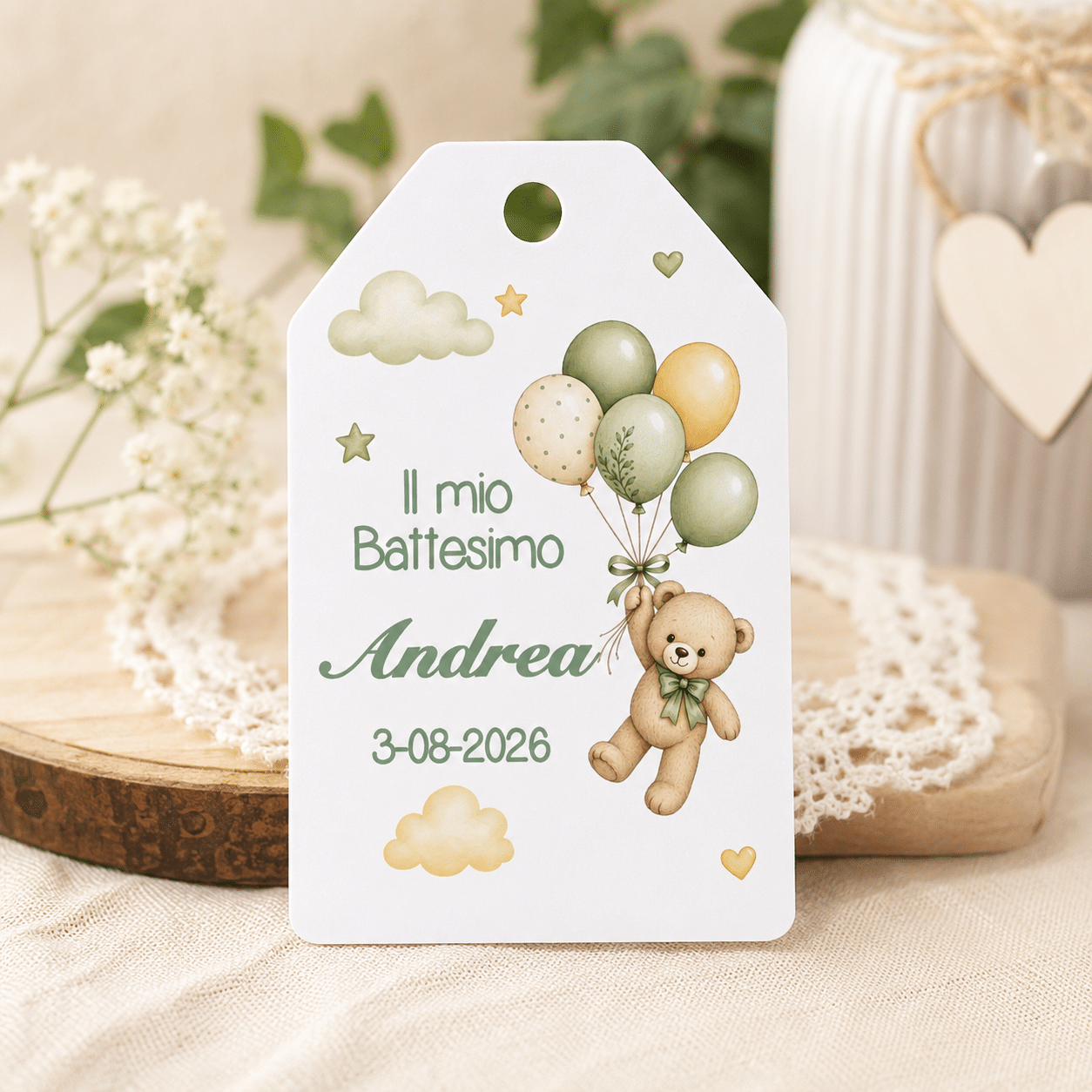 Cartellino Battesimo Orsetto con Palloncini Personalizzato (OR-18)