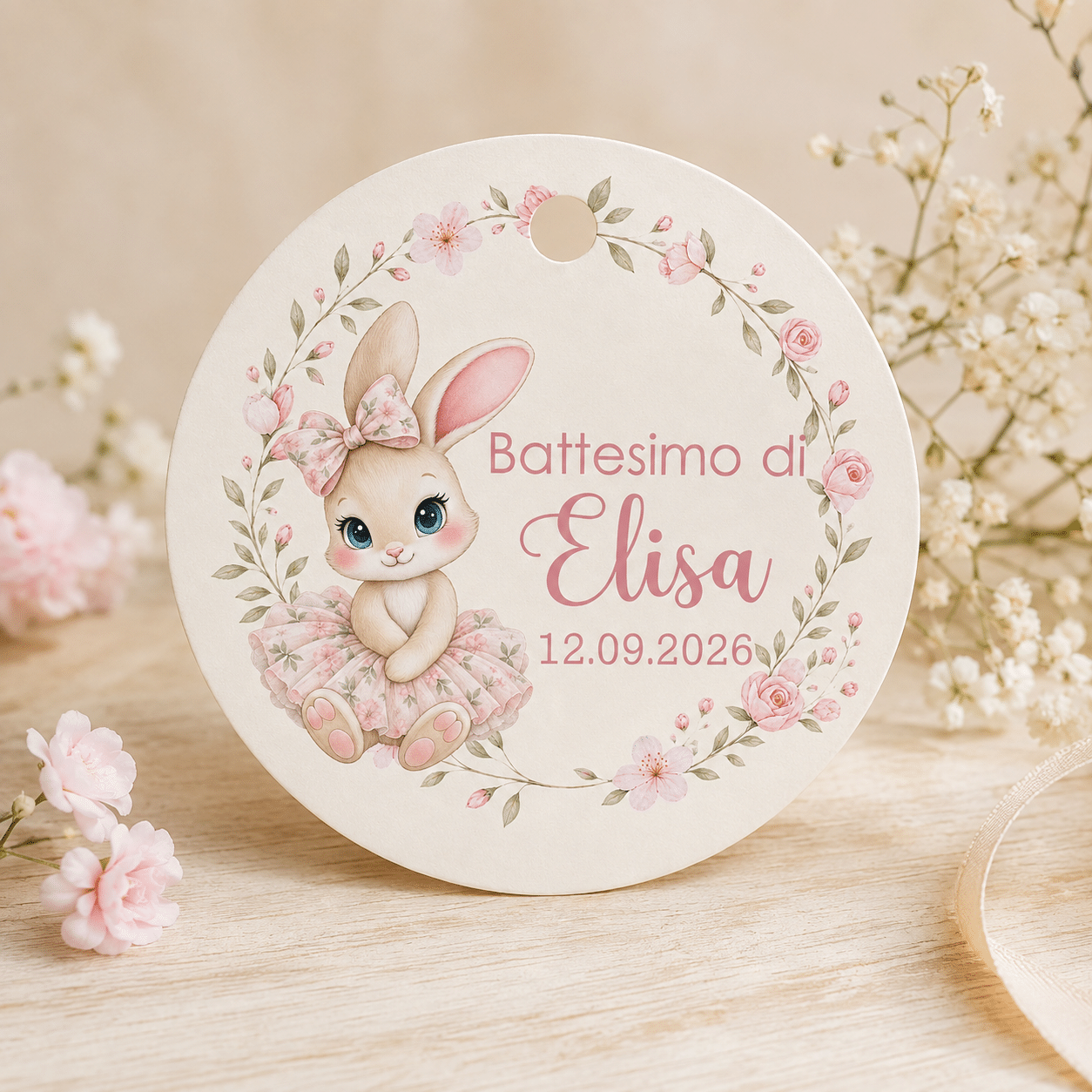 Cartellini Battesimo Bimba | Adesivi Personalizzato con Coniglietta e Fiori | File digitale (ANM-19)