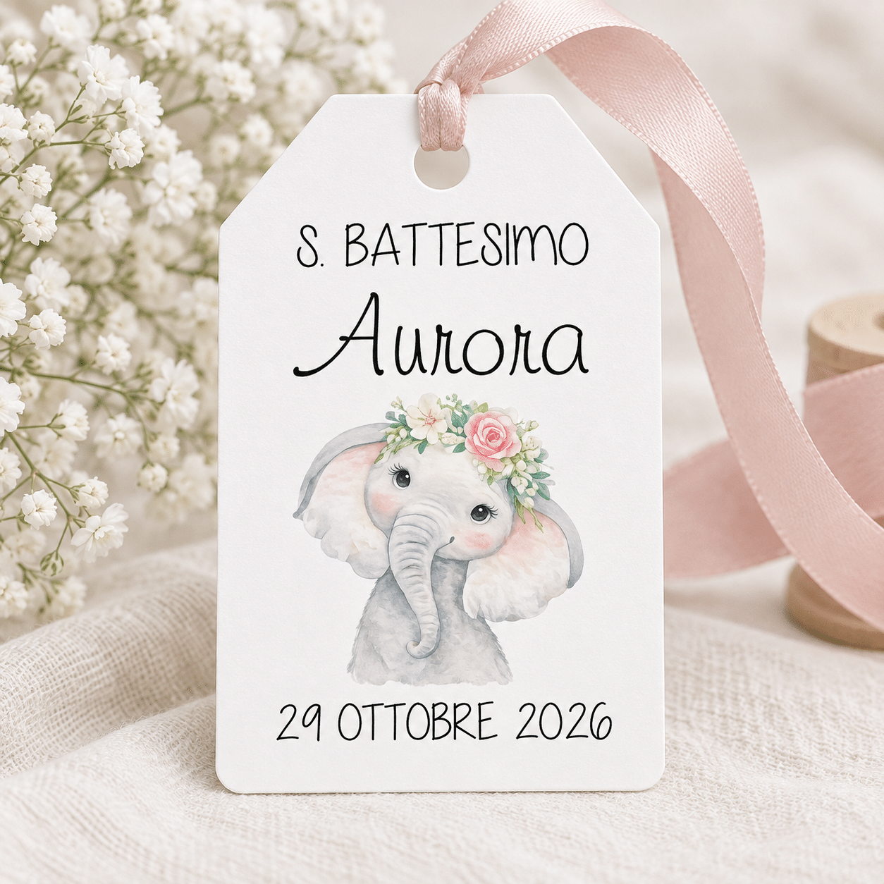 Cartellini o Adesivi Battesimo Elefantino Personalizzati | Bomboniere con Nome e Data | Tag Confetti | File Digitale Stampabile (ELE-08)