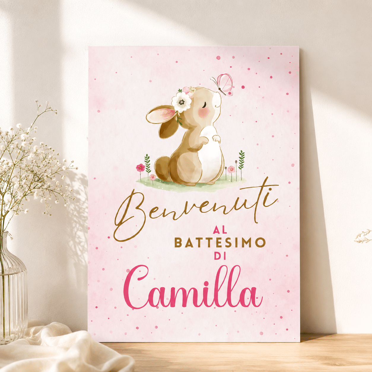 Cartello Benvenuto Battesimo Bambina Personalizzato – File Digitale A2 (ANM-02-TB)
