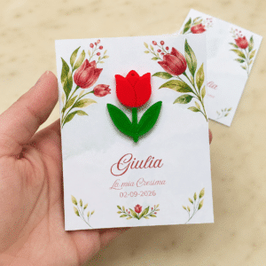 Bomboniera Cresima Tulipano Rosso, Ciondolo Compleanno con Cartoncino Personalizzato, Ricordo per Invitati Comunione (FLR-28-3D)
