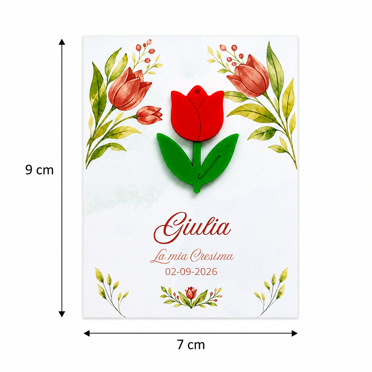 Bomboniera Cresima Tulipano Rosso, Ciondolo Compleanno con Cartoncino Personalizzato, Ricordo per Invitati Comunione (FLR-28-3D) - immagine 6