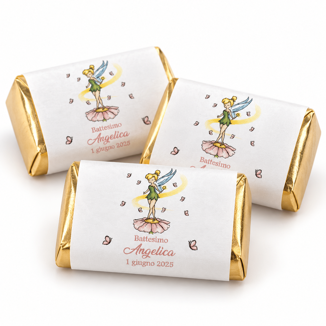 Adesivo personalizzato per cioccolatino Battesimo – Fatina rosa con nome e data (BAT-08-CHO)
