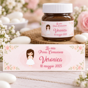 Adesivo Prima Comunione personalizzato 60x18 mm – Etichetta bomboniera con nome e data (C35-NUT)